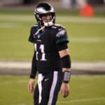 Philadelphia Eagles Quarterback Carson Wentz (11) looks on in the first half during the game between the New York Giants and Philadelphia Eagles on October 22, 2020 at Lincoln Financial Field in Philadelphia, PA.