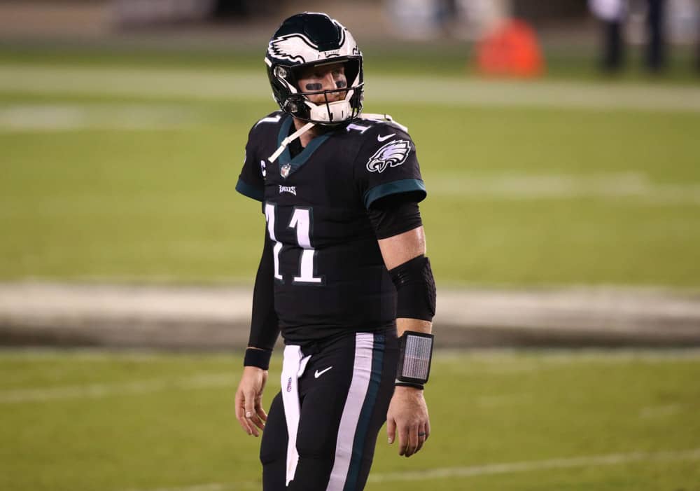 Philadelphia Eagles Quarterback Carson Wentz (11) looks on in the first half during the game between the New York Giants and Philadelphia Eagles on October 22, 2020 at Lincoln Financial Field in Philadelphia, PA.