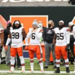 Cleveland Browns quarterback Baker Mayfield (6) stands on the field before the National Anthem prior's to the game against the Cleveland Browns and the Cincinnati Bengals on October 25, 2020, at Paul Brown Stadium in Cincinnati, OH.