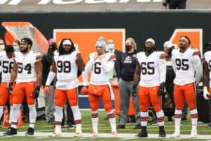 Cleveland Browns quarterback Baker Mayfield (6) stands on the field before the National Anthem prior's to the game against the Cleveland Browns and the Cincinnati Bengals on October 25, 2020, at Paul Brown Stadium in Cincinnati, OH.