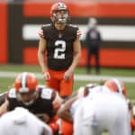 Cleveland Browns Place Kicker Cody Parkey (2) in game action during a NFL game between the Indianapolis Colts and the Cleveland Browns on October11, 2020 at FirstEnergy Stadium in Cleveland, OH.