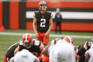 Cleveland Browns Place Kicker Cody Parkey (2) in game action during a NFL game between the Indianapolis Colts and the Cleveland Browns on October11, 2020 at FirstEnergy Stadium in Cleveland, OH.