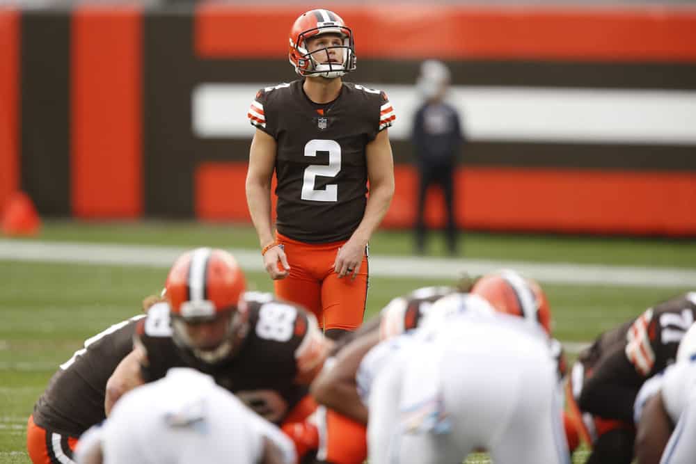 Cleveland Browns Place Kicker Cody Parkey (2) in game action during a NFL game between the Indianapolis Colts and the Cleveland Browns on October11, 2020 at FirstEnergy Stadium in Cleveland, OH. 