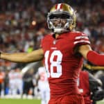 San Francisco 49ers Wide Receiver Dante Pettis (18) celebrates during the National Football League game between the Cleveland Browns and the San Francisco 49ers on October 7, 2019, at Levi's Stadium in Santa Clara, CA.