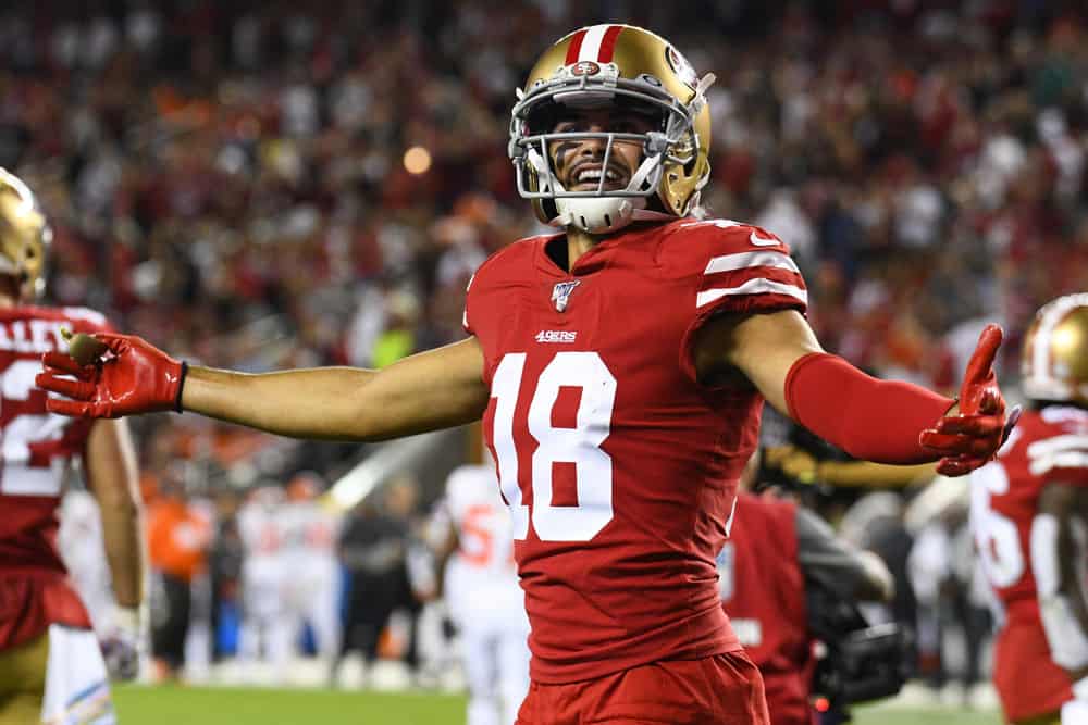 San Francisco 49ers Wide Receiver Dante Pettis (18) celebrates during the National Football League game between the Cleveland Browns and the San Francisco 49ers on October 7, 2019, at Levi's Stadium in Santa Clara, CA.