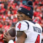 Houston Texans quarterback Deshaun Watson (4) warms up before an NFL Divisional round playoff game between the Houston Texans and Kansas City Chiefs on January 12, 2020 at Arrowhead Stadium in Kansas City, MO.
