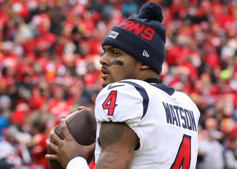 Houston Texans quarterback Deshaun Watson (4) warms up before an NFL Divisional round playoff game between the Houston Texans and Kansas City Chiefs on January 12, 2020 at Arrowhead Stadium in Kansas City, MO.