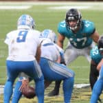 Jacksonville Jaguars Linebacker Joe Schobert (47) during the game between the Detroit Lions and the Jacksonville Jaguars on October 18, 2020 at TIAA Bank Field in Jacksonville, Fl.