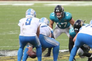 Jacksonville Jaguars Linebacker Joe Schobert (47) during the game between the Detroit Lions and the Jacksonville Jaguars on October 18, 2020 at TIAA Bank Field in Jacksonville, Fl.