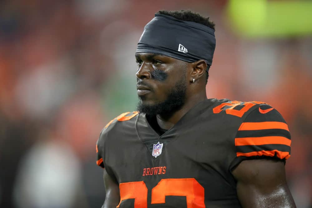 Cleveland Browns safety Jabrill Peppers (22) on the field prior to the National Football League game between the New York Jets and Cleveland Browns on September 20, 2018, at FirstEnergy Stadium in Cleveland, OH. Cleveland defeated New York 21-17.