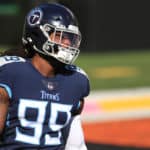 Tennessee Titans outside linebacker Jadeveon Clowney (99) warms up before the game against the Tennessee Titans and the Cincinnati Bengals on November 1, 2020, at Paul Brown Stadium in Cincinnati, OH.