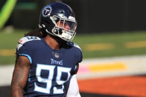 Tennessee Titans outside linebacker Jadeveon Clowney (99) warms up before the game against the Tennessee Titans and the Cincinnati Bengals on November 1, 2020, at Paul Brown Stadium in Cincinnati, OH.