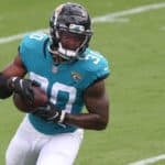 Jacksonville Jaguars Running Back James Robinson (30) during the game between the Detroit Lions and the Jacksonville Jaguars on October 18, 2020 at TIAA Bank Field in Jacksonville, Fl.