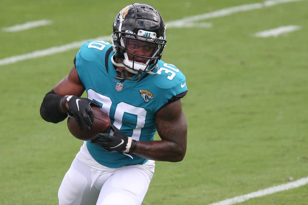 Jacksonville Jaguars Running Back James Robinson (30) during the game between the Detroit Lions and the Jacksonville Jaguars on October 18, 2020 at TIAA Bank Field in Jacksonville, Fl.