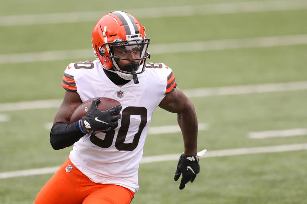 Cleveland Browns wide receiver Jarvis Landry (80) carries the ball during the game against the Cleveland Browns and the Cincinnati Bengals on October 25, 2020, at Paul Brown Stadium in Cincinnati, OH.