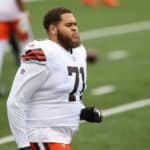 Cleveland Browns offensive tackle Jedrick Wills (71) runs onto the field before the game against the Cleveland Browns and the Cincinnati Bengals on October 25, 2020, at Paul Brown Stadium in Cincinnati, OH.