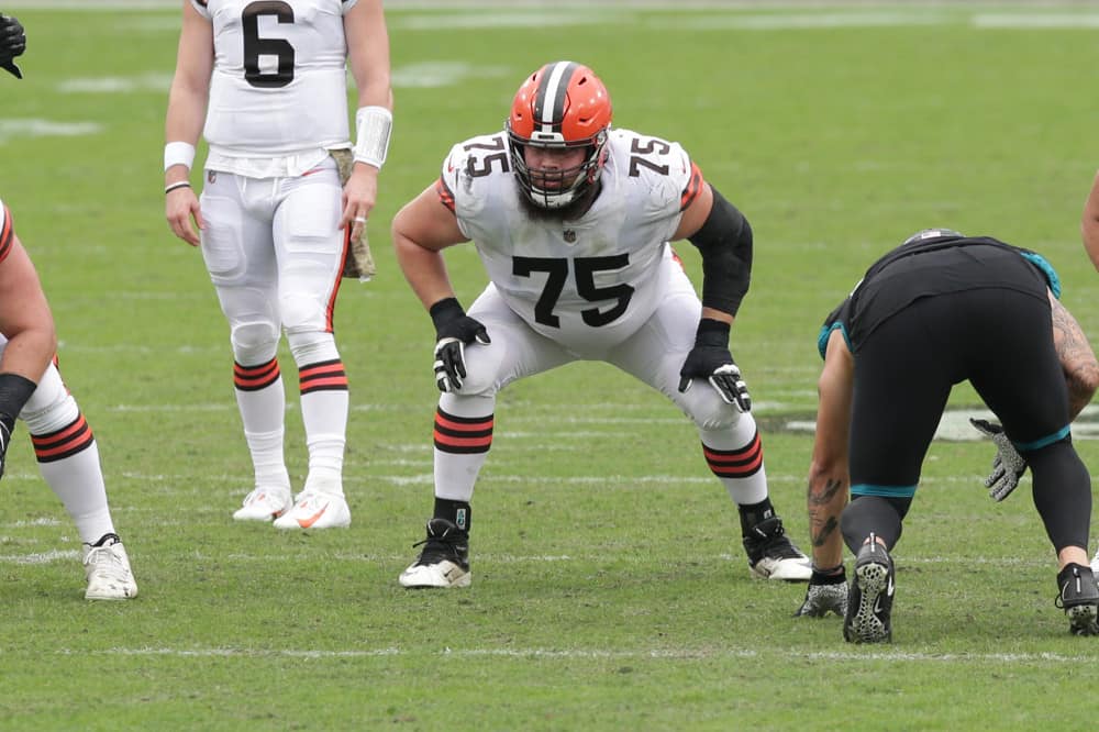 Cleveland Browns Offensive Guard Joel Bitonio (75) during the game between the Cleveland Browns and the Jacksonville Jaguars on November 29, 2020 at TIAA Bank Field in Jacksonville, Fl.