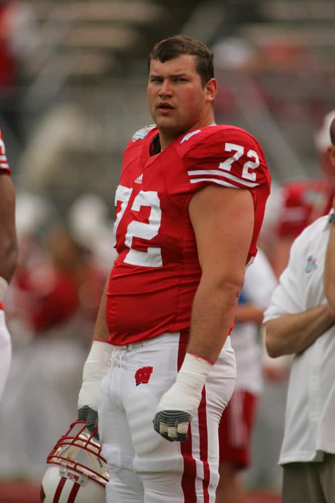 A University of Wisconsin's Joe Thomas (72) during the Capital One Bowl at the Florida Citrus Bowl in Orlando, FL. The Wisconsin Badgers beat the Arkansas Razorbacks 17-14 to win the Capital One Bowl.