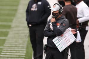 Cleveland Browns head coach Kevin Stefanski watches from the sideline during the game against the Cleveland Browns and the Cincinnati Bengals on October 25, 2020, at Paul Brown Stadium in Cincinnati, OH.