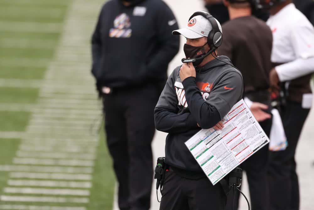 Cleveland Browns head coach Kevin Stefanski watches from the sideline during the game against the Cleveland Browns and the Cincinnati Bengals on October 25, 2020, at Paul Brown Stadium in Cincinnati, OH. 