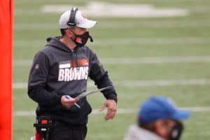 Cleveland Browns head coach Kevin Stefanski watches from the sideline during the game against the Cleveland Browns and the Cincinnati Bengals on October 25, 2020, at Paul Brown Stadium in Cincinnati, OH.