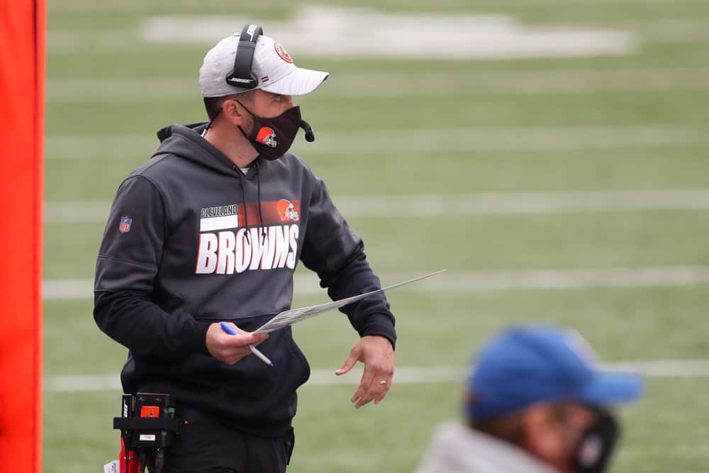 Cleveland Browns head coach Kevin Stefanski watches from the sideline during the game against the Cleveland Browns and the Cincinnati Bengals on October 25, 2020, at Paul Brown Stadium in Cincinnati, OH. 