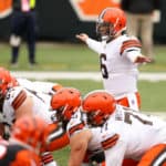 Cleveland Browns quarterback Baker Mayfield (6) in action during the game against the Cleveland Browns and the Cincinnati Bengals on October 25, 2020, at Paul Brown Stadium in Cincinnati, OH.