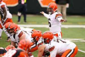 Cleveland Browns quarterback Baker Mayfield (6) in action during the game against the Cleveland Browns and the Cincinnati Bengals on October 25, 2020, at Paul Brown Stadium in Cincinnati, OH.