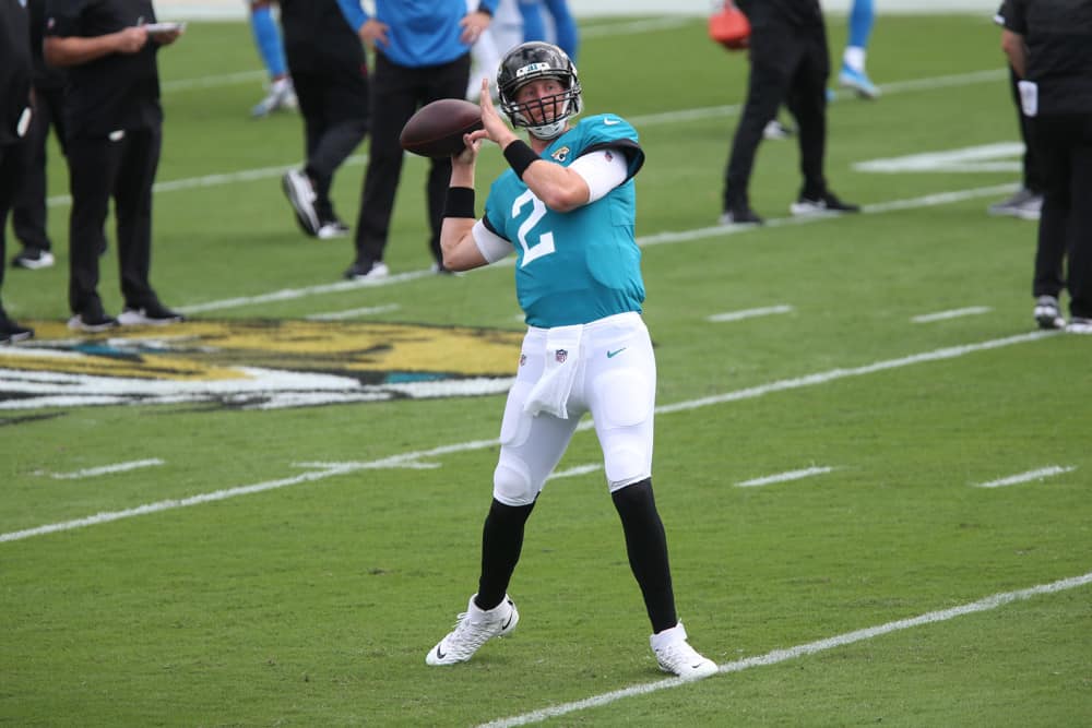 Jacksonville Jaguars Quarterback Mike Glennon (2) during the game between the Detroit Lions and the Jacksonville Jaguars on October 18, 2020 at TIAA Bank Field in Jacksonville, Fl.