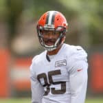 Cleveland Browns defensive end Myles Garrett (95) on the field during the Cleveland Browns Training Camp on August 29, 2020, at the at the Cleveland Browns Training Facility in Berea, Ohio.