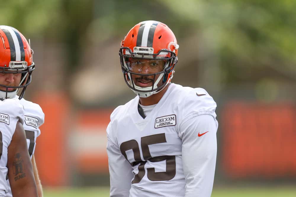 Cleveland Browns defensive end Myles Garrett (95) on the field during the Cleveland Browns Training Camp on August 29, 2020, at the at the Cleveland Browns Training Facility in Berea, Ohio.