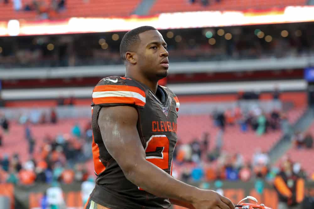 Cleveland Browns running back Nick Chubb (24) leaves the field following the National Football League game between the Miami Dolphins and Cleveland Browns on November 24, 2019, at FirstEnergy Stadium in Cleveland, OH. 