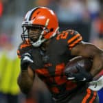 Cleveland Browns running back Nick Chubb (24) carries the football during the fourth quarter of the the National Football League game between the Los Angeles Rams and Cleveland Browns on September 22, 2019, at FirstEnergy Stadium in Cleveland, OH.