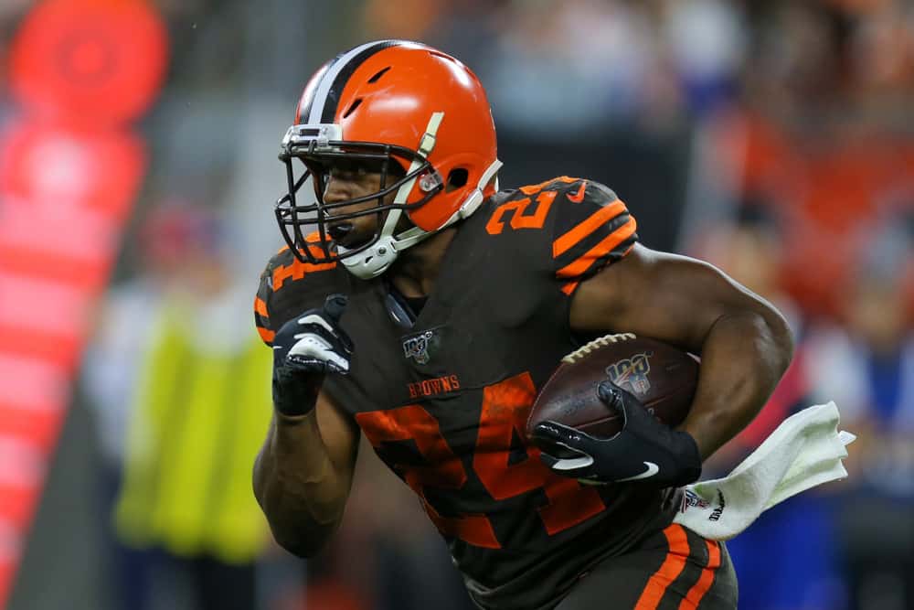 Cleveland Browns running back Nick Chubb (24) carries the football during the fourth quarter of the the National Football League game between the Los Angeles Rams and Cleveland Browns on September 22, 2019, at FirstEnergy Stadium in Cleveland, OH.