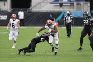 Cleveland Browns Running Back Nick Chubb (24) runs with the ball during the game between the Cleveland Browns and the Jacksonville Jaguars on November 29, 2020 at TIAA Bank Field in Jacksonville, Fl.