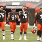 Cleveland Browns Offensive Guard Joel Bitonio (75), Cleveland Browns Center JC Tretter (64), Cleveland Browns Offensive Tackle Jack Conklin (78) and Cleveland Browns Offensive Tackle Jedrick Wills (71) in game action during a NFL game between the Indianapolis Colts and the Cleveland Browns on October11, 2020 at FirstEnergy Stadium in Cleveland, OH.