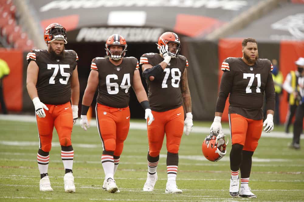 Cleveland Browns Offensive Guard Joel Bitonio (75), Cleveland Browns Center JC Tretter (64), Cleveland Browns Offensive Tackle Jack Conklin (78) and Cleveland Browns Offensive Tackle Jedrick Wills (71) in game action during a NFL game between the Indianapolis Colts and the Cleveland Browns on October11, 2020 at FirstEnergy Stadium in Cleveland, OH.