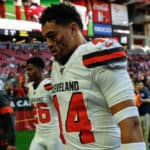 Cleveland Browns linebacker Sione Takitaki (44) looks on before the NFL football game between the Cleveland Browns and the Arizona Cardinals on December 15, 2019 at State Farm Stadium in Glendale, Arizona.