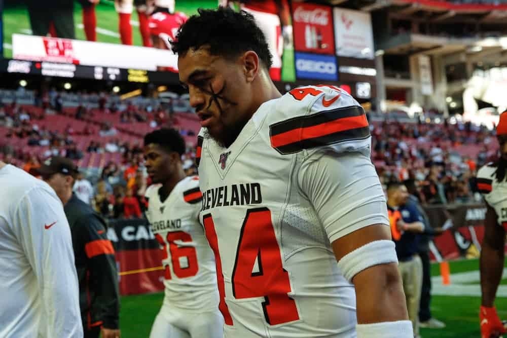 Cleveland Browns linebacker Sione Takitaki (44) looks on before the NFL football game between the Cleveland Browns and the Arizona Cardinals on December 15, 2019 at State Farm Stadium in Glendale, Arizona.
