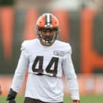 Cleveland Browns linebacker Sione Takitaki (44) participates in drills during the Cleveland Browns Training Camp on August 29, 2020, at the at the Cleveland Browns Training Facility in Berea, Ohio.