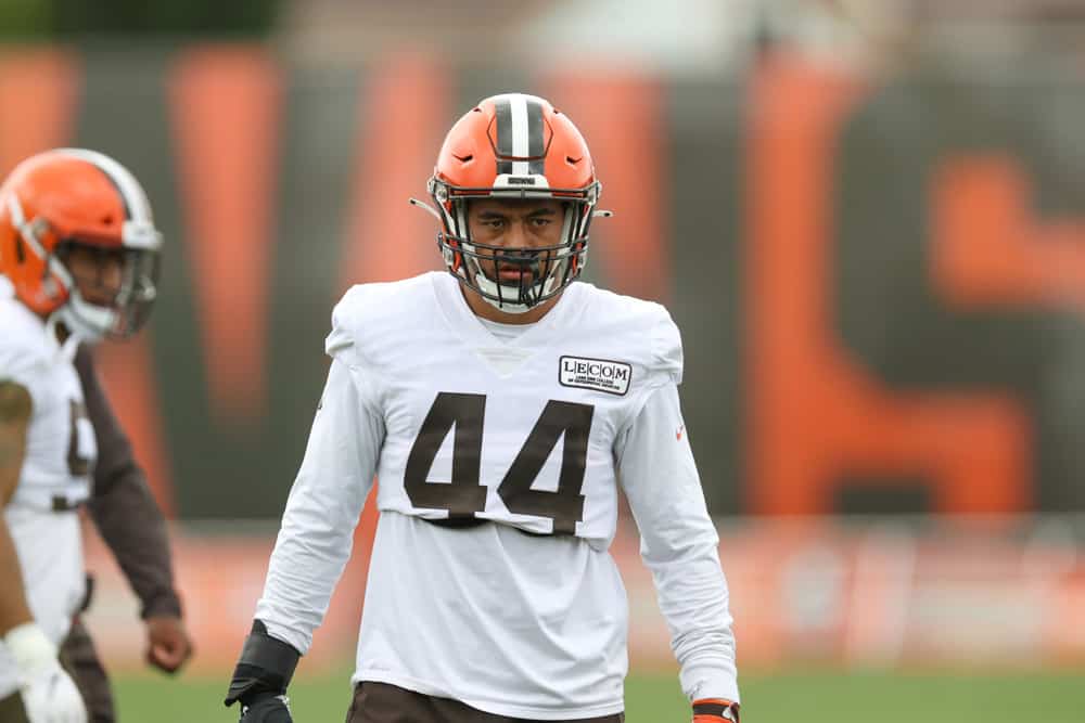 Cleveland Browns linebacker Sione Takitaki (44) participates in drills during the Cleveland Browns Training Camp on August 29, 2020, at the at the Cleveland Browns Training Facility in Berea, Ohio.