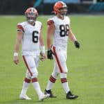 Cleveland Browns Quarterback Baker Mayfield (6) and Cleveland Browns Tight End Harrison Bryant (88) during the game between the Cleveland Browns and the Jacksonville Jaguars on November 29, 2020 at TIAA Bank Field in Jacksonville, Fl.