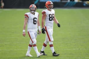 Cleveland Browns Quarterback Baker Mayfield (6) and Cleveland Browns Tight End Harrison Bryant (88) during the game between the Cleveland Browns and the Jacksonville Jaguars on November 29, 2020 at TIAA Bank Field in Jacksonville, Fl.
