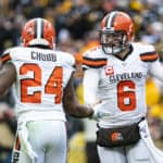 Cleveland Browns quarterback Baker Mayfield (6) celebrates with teammates after a touchdown during the NFL football game between the Cleveland Browns and the Pittsburgh Steelers on December 01, 2019 at Heinz Field in Pittsburgh, PA.