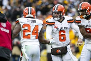 Cleveland Browns quarterback Baker Mayfield (6) celebrates with teammates after a touchdown during the NFL football game between the Cleveland Browns and the Pittsburgh Steelers on December 01, 2019 at Heinz Field in Pittsburgh, PA.