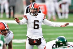 Cleveland Browns quarterback BAKER MAYFIELD (6) at MetLife Stadium in East Rutherford New Jersey New York defeats Cleveland 23 to 16.