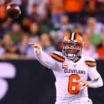 Cleveland Browns quarterback Baker Mayfield (6) rolls out during the first quarter of the National Football League game between the New York Jets and the Cleveland Browns on September 16, 2019 at MetLife Stadium in East Rutherford, NJ.