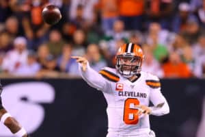 Cleveland Browns quarterback Baker Mayfield (6) rolls out during the first quarter of the National Football League game between the New York Jets and the Cleveland Browns on September 16, 2019 at MetLife Stadium in East Rutherford, NJ.