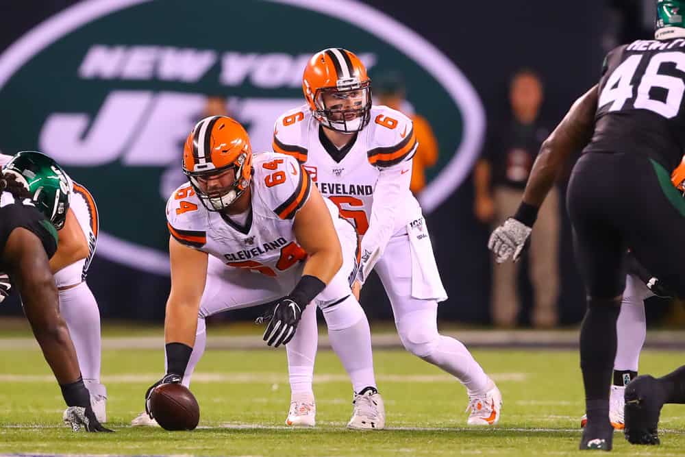 Cleveland Browns quarterback Baker Mayfield (6) during the third quarter of the National Football League game between the New York Jets and the Cleveland Browns on September 16, 2019 at MetLife Stadium in East Rutherford, NJ.