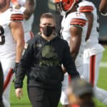 Callie Brownson, who is serving as the interim tight ends coach for the Cleveland Browns, looks on before the game between the Cleveland Browns and the Jacksonville Jaguars on November 29, 2020 at TIAA Bank Field in Jacksonville, Fl.
